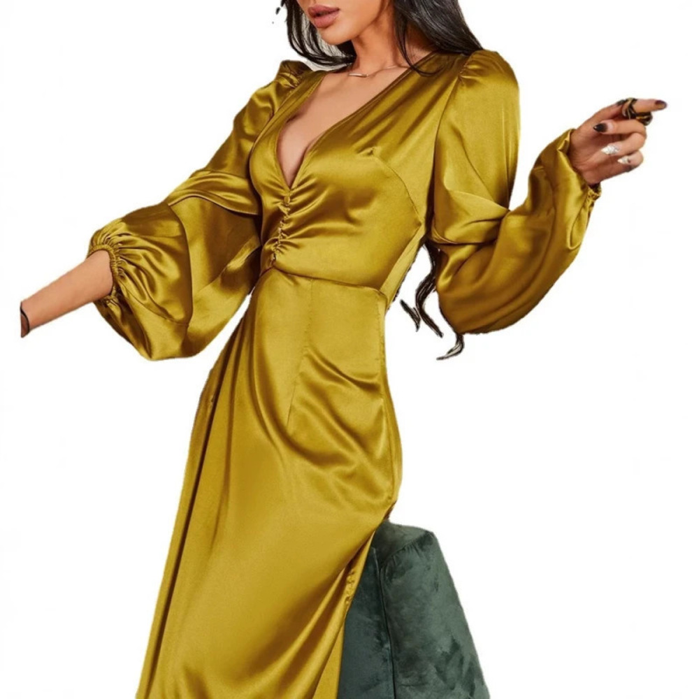 ZARA Elegant Puff Sleeve Solid Yellow Loose Maxi Collared Office Dress